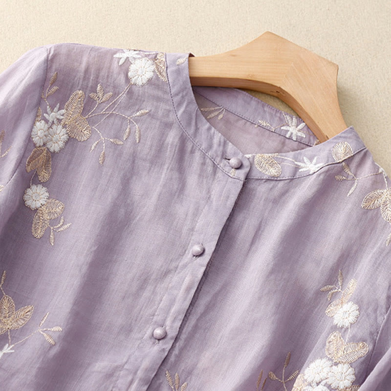 Camisa tipo cárdigan de algodón de media manga con diseño de cuello redondo y diseño informal de pétalos bordados con piedras de Buddha Stones y organza para mujer - image 2