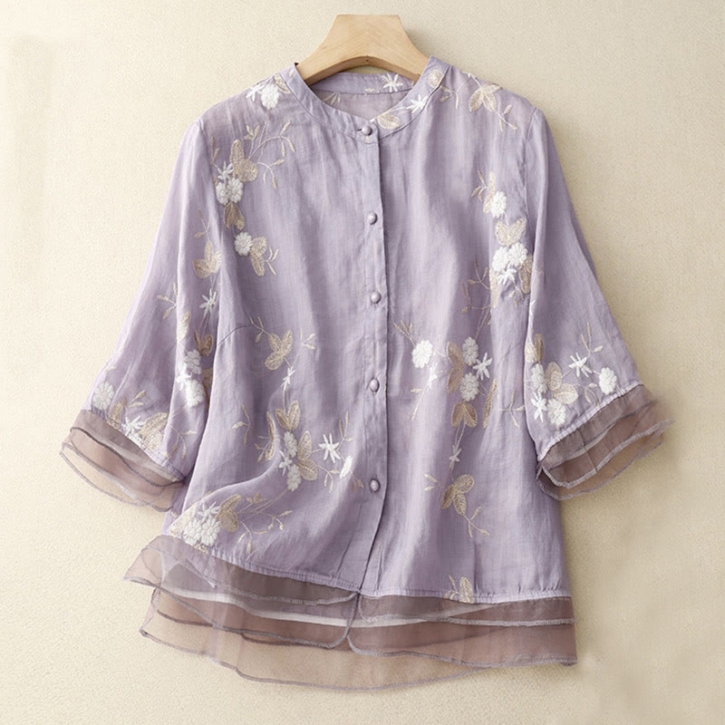 Camisa tipo cárdigan de algodón de media manga con diseño de cuello redondo y diseño informal de pétalos bordados con piedras de Buddha Stones y organza para mujer - Ciruela - US8-10，UK/AU12-14，EU40-42 (2XL) - image 1