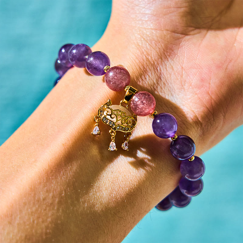 Pulsera con dije de candado de paz y cuarzo fresa y amatista natural de Buddha Stones
