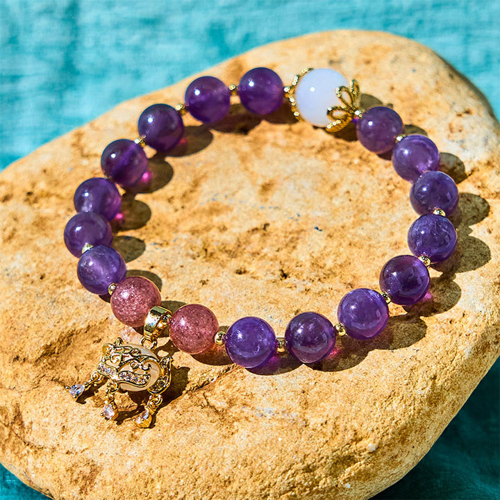Pulsera con dije de candado de paz y cuarzo fresa y amatista natural de Buddha Stones