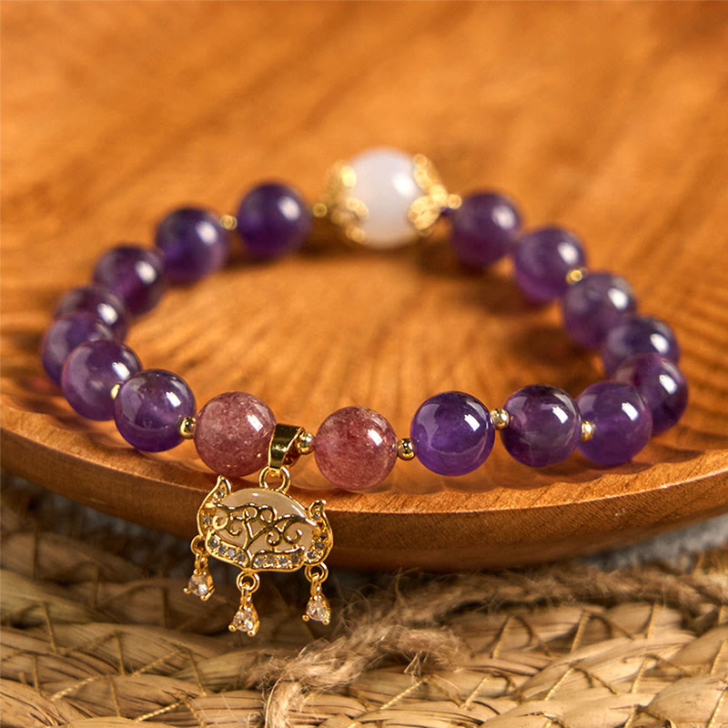 Pulsera con dije de candado de paz y cuarzo fresa y amatista natural de Buddha Stones