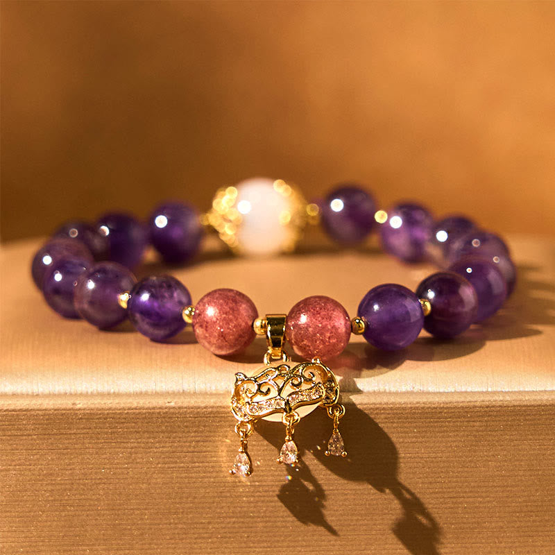 Pulsera con dije de candado de paz y cuarzo fresa y amatista natural de Buddha Stones