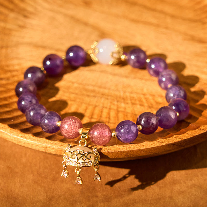 Pulsera con dije de candado de paz y cuarzo fresa y amatista natural de Buddha Stones
