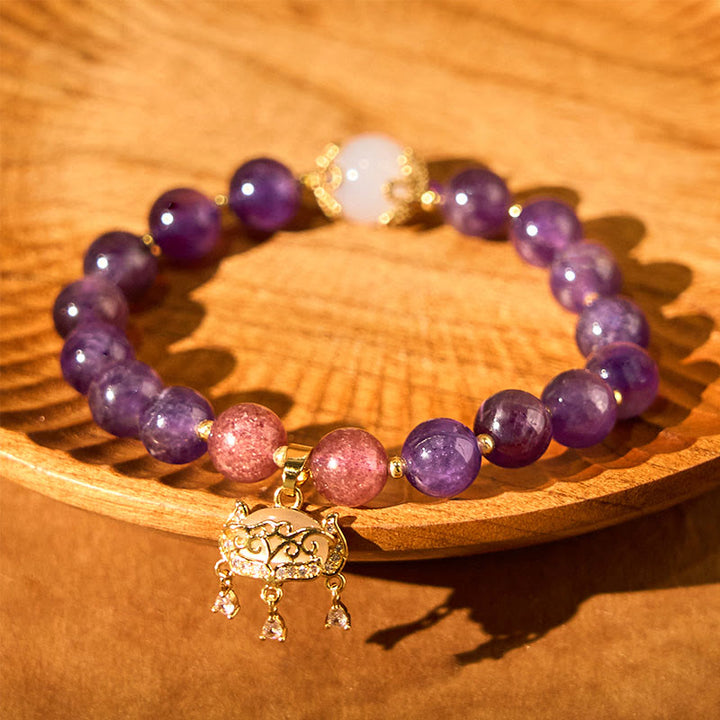 Pulsera con dije de candado de paz y cuarzo fresa y amatista natural de Buddha Stones
