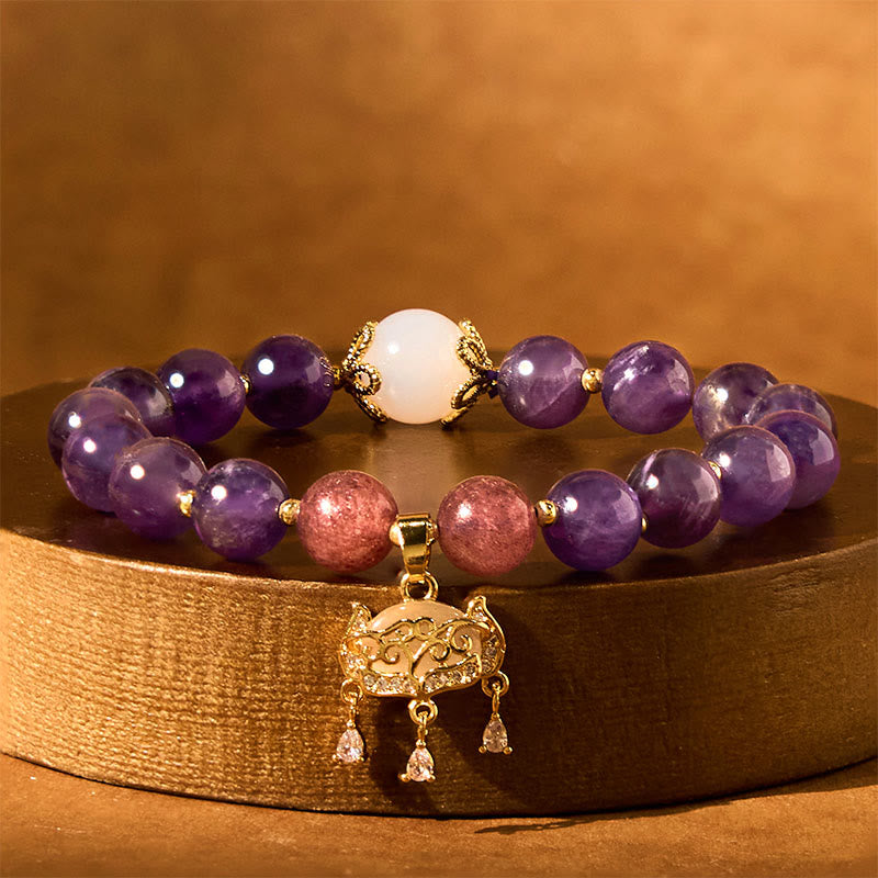 Pulsera con dije de candado de paz y cuarzo fresa y amatista natural de Buddha Stones