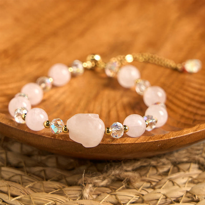 Pulsera de cadena curativa con forma de conejo de cristal de cuarzo rosa y Buddha Stones
