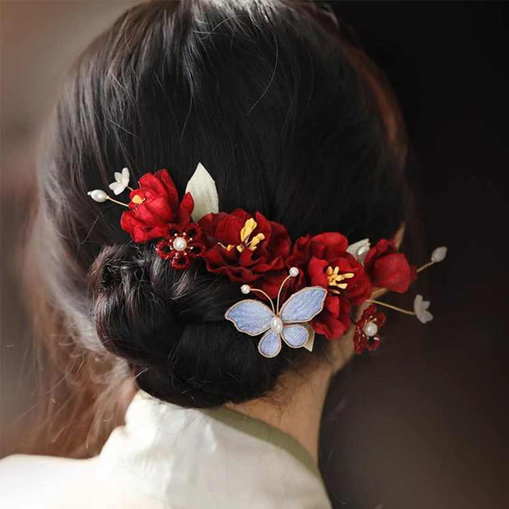 Pinza para el pelo con forma de mariposa y flores rojas para boda china con piedras de Buddha Stones