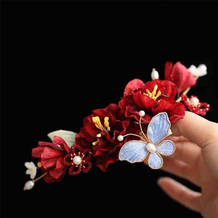 Pinza para el pelo con forma de mariposa y flores rojas para boda china con piedras de Buddha Stones