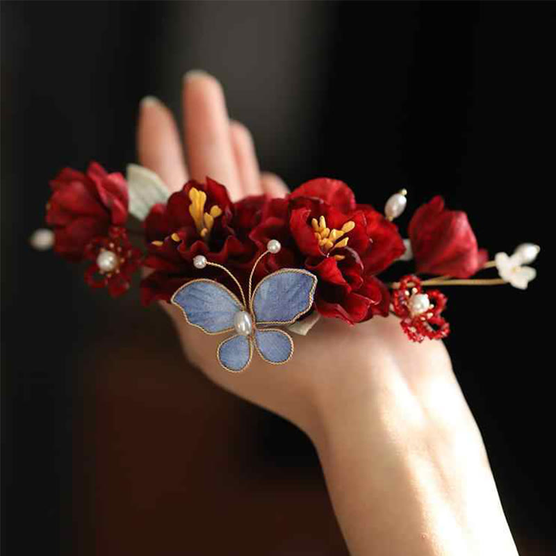 Pinza para el pelo con forma de mariposa y flores rojas para boda china con piedras de Buddha Stones