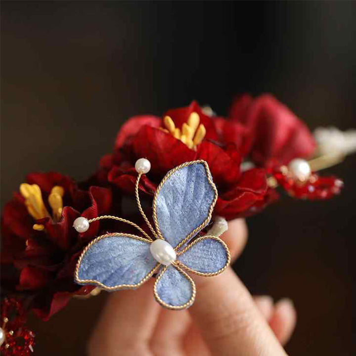 Pinza para el pelo con forma de mariposa y flores rojas para boda china con piedras de Buddha Stones