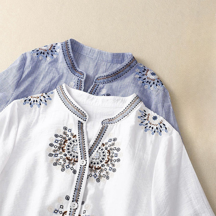 Camisa de lino y algodón de media manga con escote en V y diseño de flores bordadas de estilo bohemio para mujer con Buddha Stones - image 9