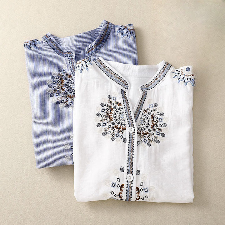 Camisa informal de manga corta con cuello en V y diseño bohemio de flores bordadas con Buddha Stones para mujer. - image 10
