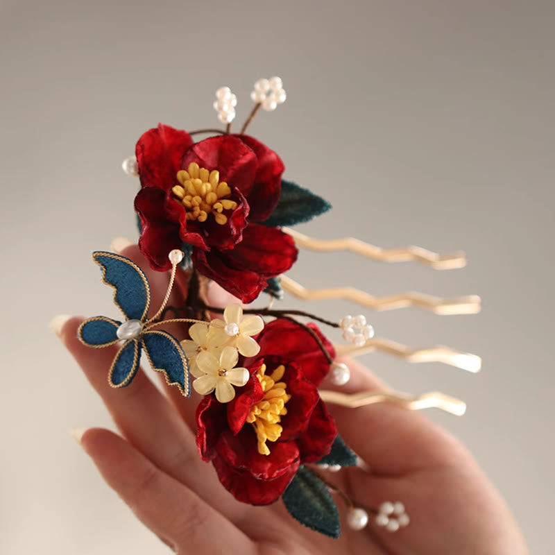 Pinza para el pelo con forma de mariposa, camelia roja, estilo chino, con Buddha Stones , peine, horquilla, accesorio para el pelo