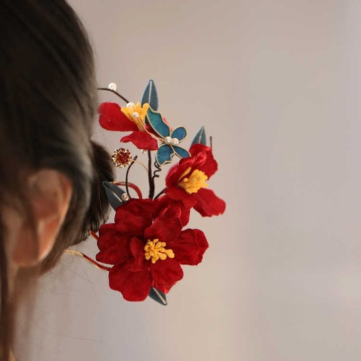 Horquilla para el pelo con diseño de mariposa y flores rojas con piedras de Buddha Stones para bodas chinas
