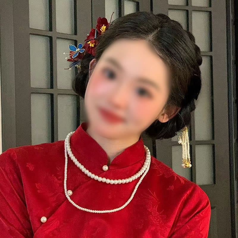 Horquilla para el pelo con diseño de mariposa y flores rojas con piedras de Buddha Stones para bodas chinas