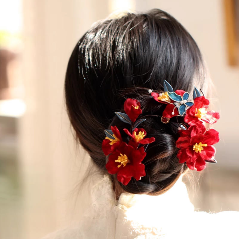 Horquilla para el pelo con diseño de mariposa y flores rojas con piedras de Buddha Stones para bodas chinas