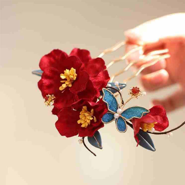 Horquilla para el pelo con diseño de mariposa y flores rojas con piedras de Buddha Stones para bodas chinas