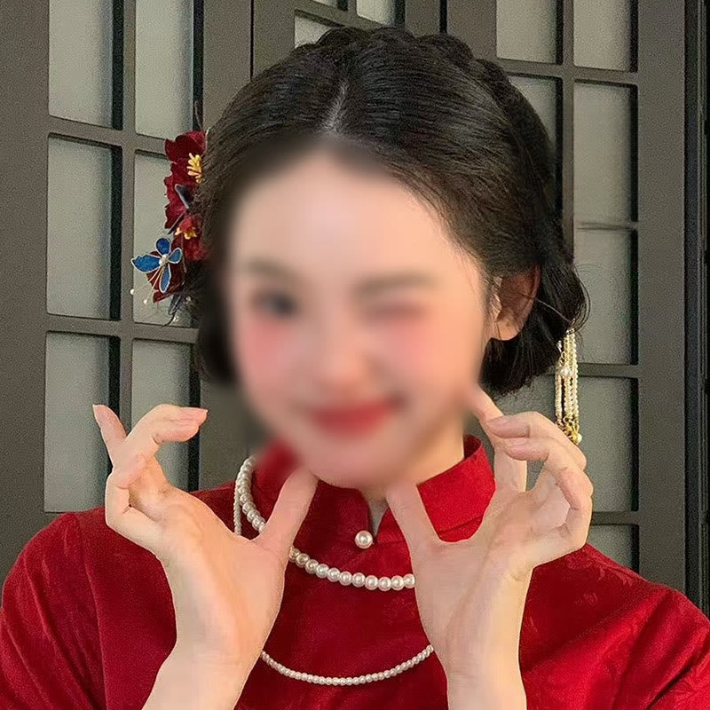 Horquilla para el pelo con diseño de mariposa y flores rojas con piedras de Buddha Stones para bodas chinas
