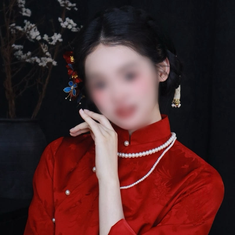 Horquilla para el pelo con diseño de mariposa y flores rojas con piedras de Buddha Stones para bodas chinas