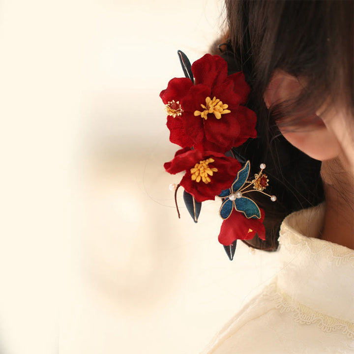 Horquilla para el pelo con diseño de mariposa y flores rojas con piedras de Buddha Stones para bodas chinas