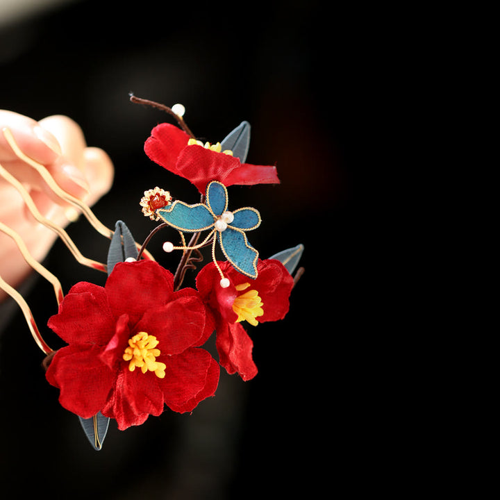Horquilla para el pelo con diseño de mariposa y flores rojas con piedras de Buddha Stones para bodas chinas