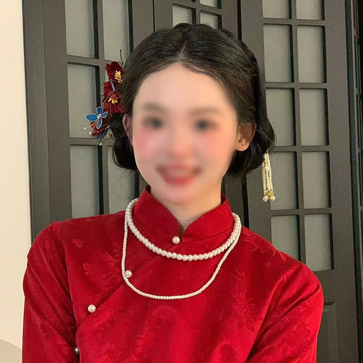 Horquilla para el pelo con diseño de mariposa y flores rojas con piedras de Buddha Stones para bodas chinas