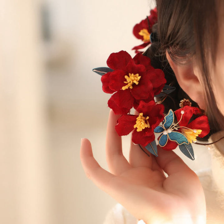 Horquilla para el pelo con diseño de mariposa y flores rojas con piedras de Buddha Stones para bodas chinas