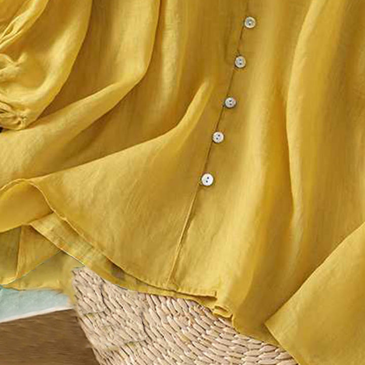 Camisa de lino y algodón con mangas tres cuartos y cuello en V con múltiples botones y una hilera de botones para mujer de Buddha Stones - image 9