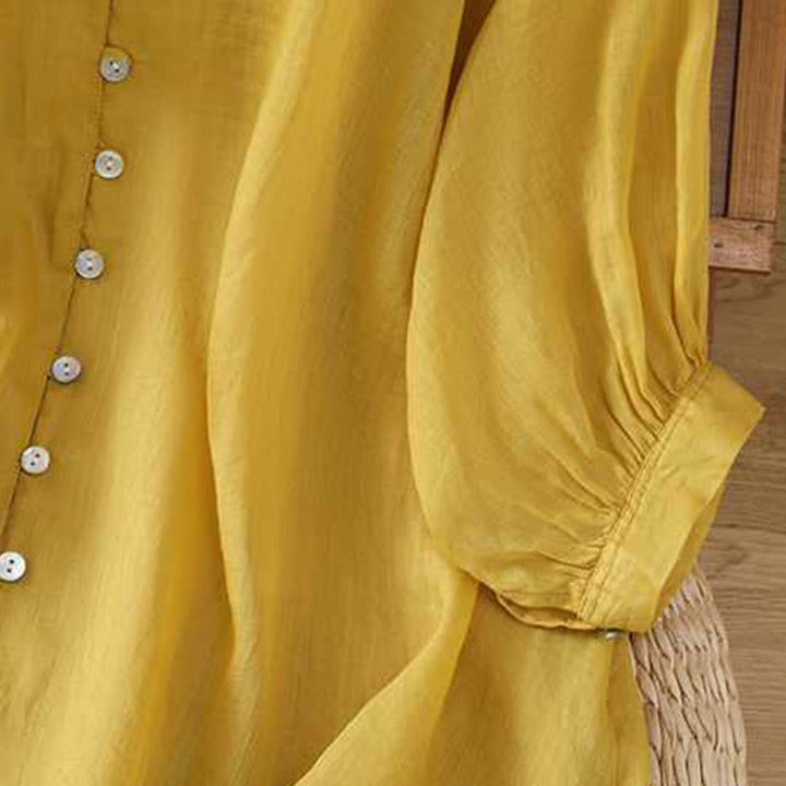Camisa de lino y algodón con mangas tres cuartos y cuello en V con múltiples botones y una hilera de botones para mujer de Buddha Stones - image 8