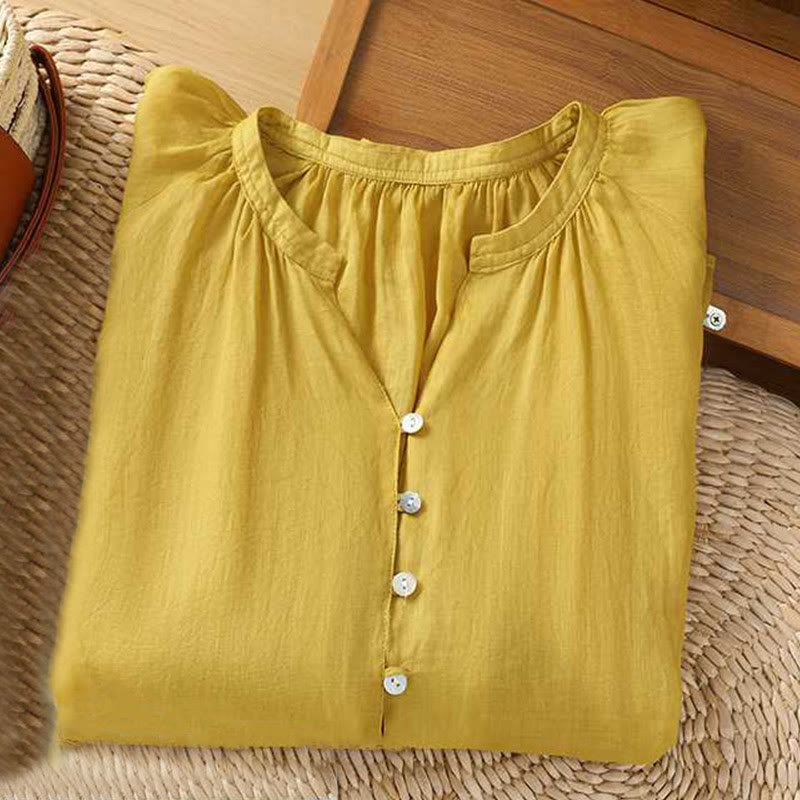 Camisa de lino y algodón con mangas tres cuartos y cuello en V con múltiples botones y una hilera de botones para mujer de Buddha Stones - image 5