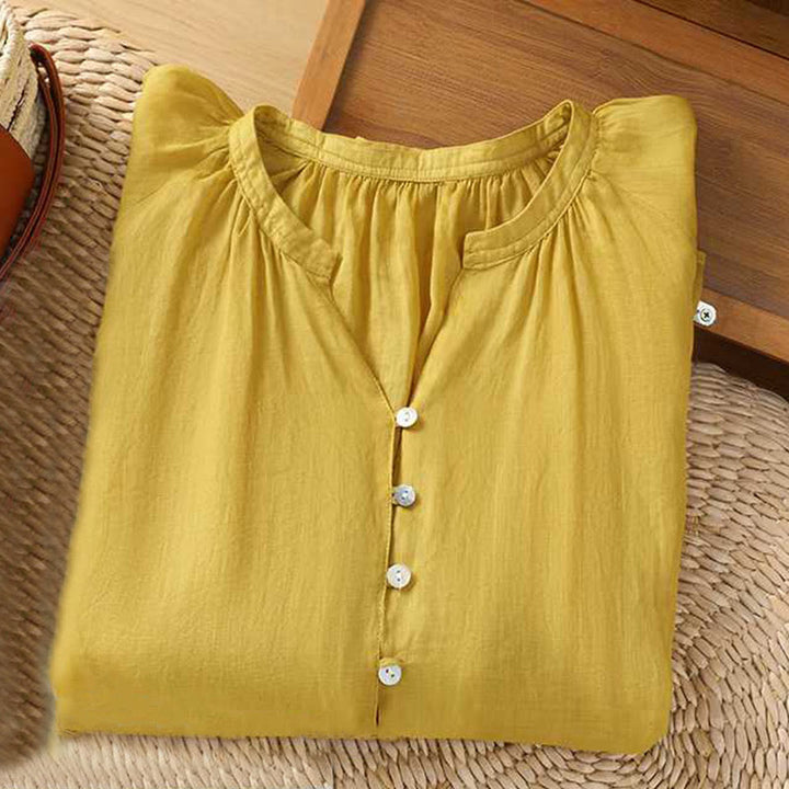 Camisa de lino y algodón con mangas tres cuartos y cuello en V con múltiples botones y una hilera de botones para mujer de Buddha Stones - image 5
