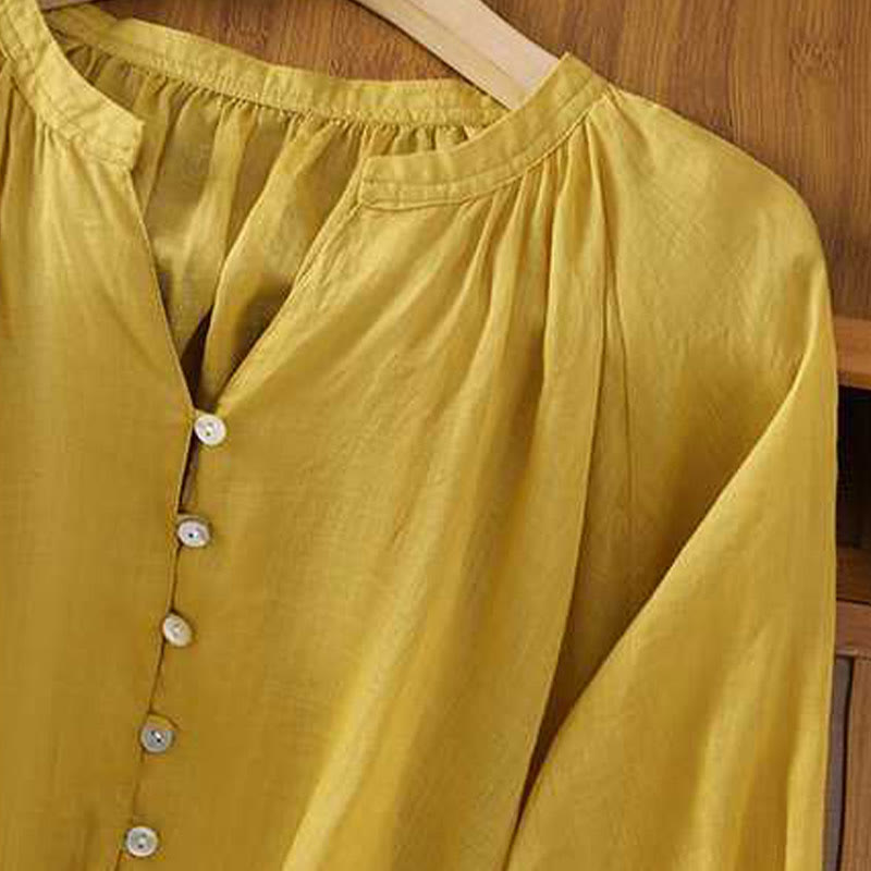 Camisa de lino y algodón con mangas tres cuartos y cuello en V con múltiples botones y una hilera de botones para mujer de Buddha Stones - image 3
