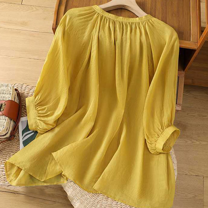 Camisa de lino y algodón con mangas tres cuartos y cuello en V con múltiples botones y una hilera de botones para mujer de Buddha Stones - image 1