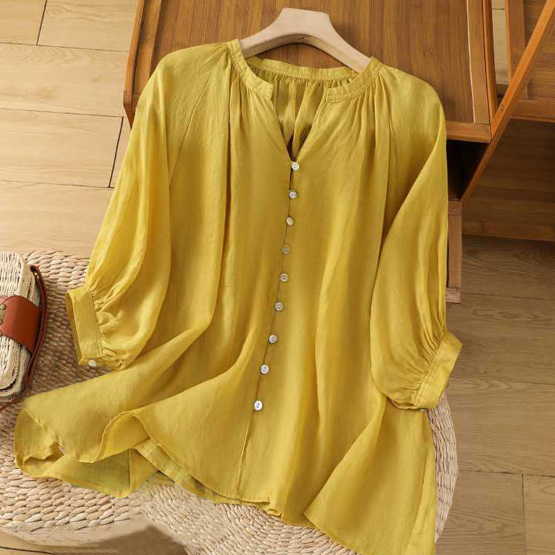 Camisa de lino y algodón con mangas tres cuartos y cuello en V con múltiples botones y una hilera de botones para mujer de Buddha Stones - Oro - US12, UK/AU16, EU44 (2XL) - image 0