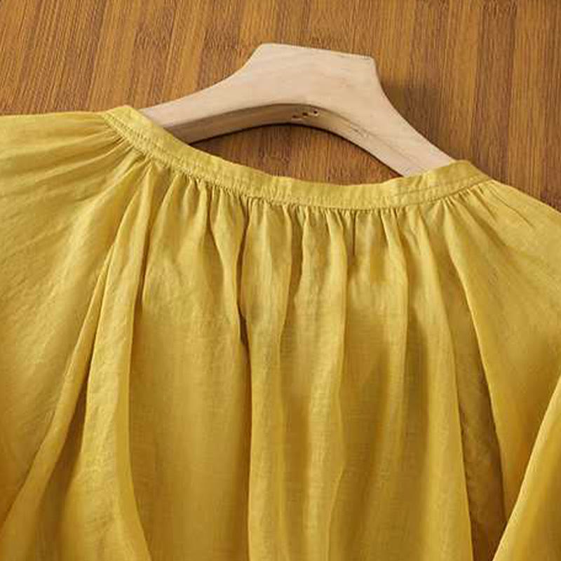 Camisa de lino y algodón con mangas tres cuartos y cuello en V con múltiples botones y una hilera de botones para mujer de Buddha Stones - image 4