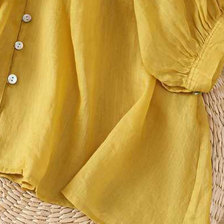 Camisa de lino y algodón con mangas tres cuartos y cuello en V con múltiples botones y una hilera de botones para mujer de Buddha Stones - image 7