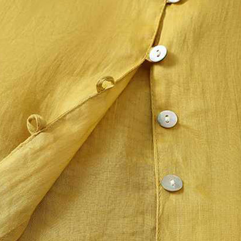 Camisa de lino y algodón con mangas tres cuartos y cuello en V con múltiples botones y una hilera de botones para mujer de Buddha Stones - image 6