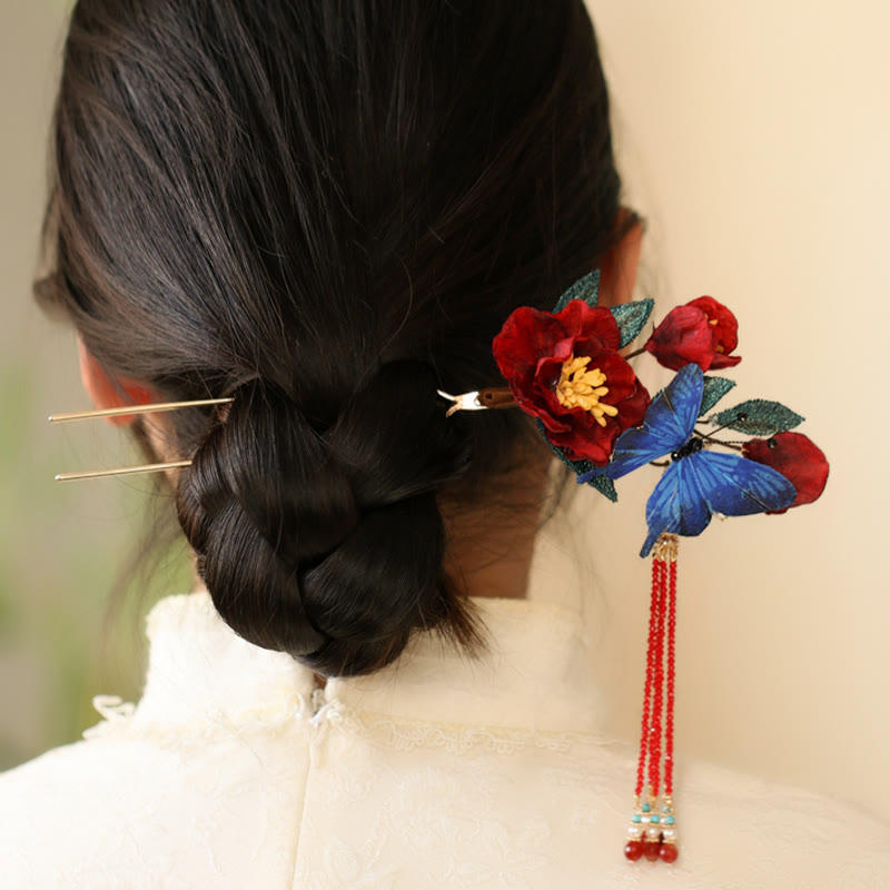 Horquilla de estilo chino clásico con Buddha Stones , flor roja y mariposa azul
