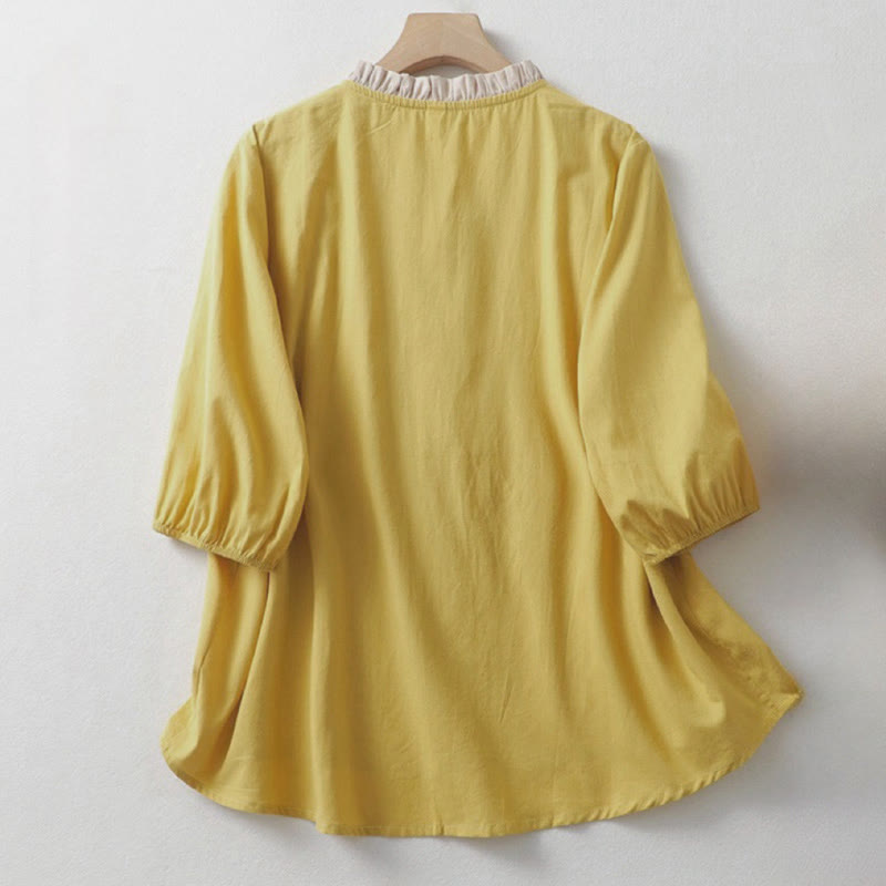 Camisa de lino y algodón de media manga con diseño de cuello con volantes y botones de rana para mujer con Buddha Stones