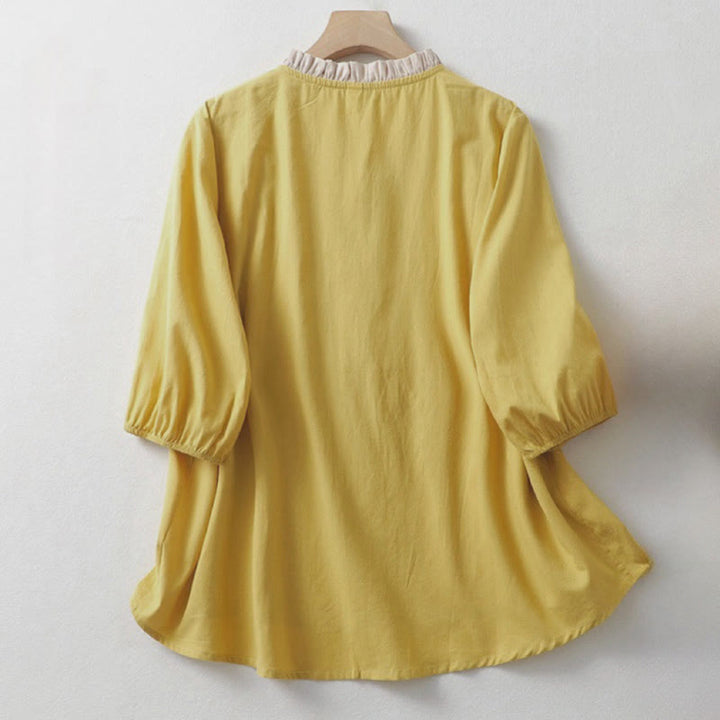 Camisa de lino y algodón de media manga con diseño de cuello con volantes y botones de rana para mujer con Buddha Stones