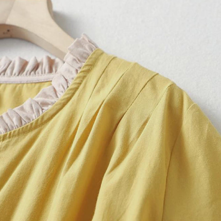 Camisa de lino y algodón de media manga con diseño de cuello con volantes y botones de rana para mujer con Buddha Stones