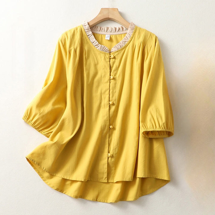 Camisa de lino y algodón de media manga con diseño de cuello con volantes y botones de rana para mujer con Buddha Stones