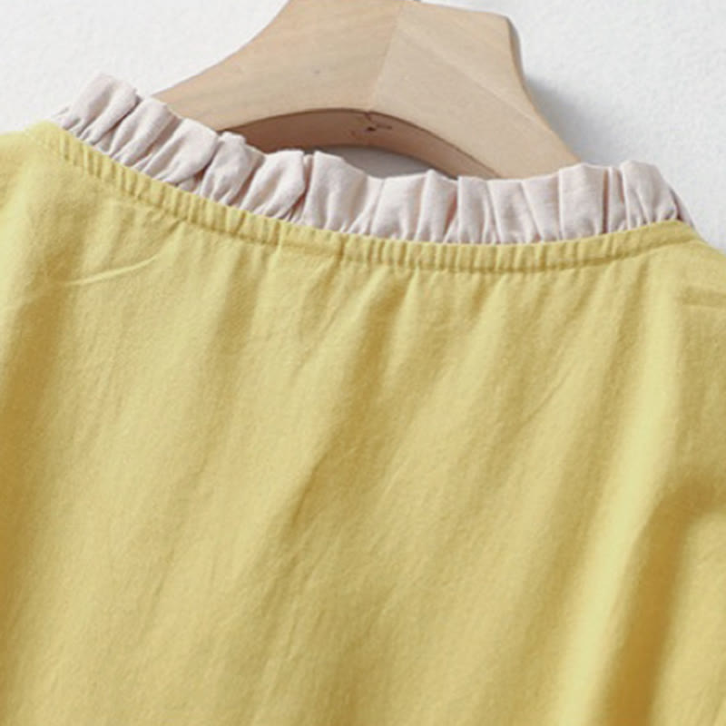 Camisa de lino y algodón de media manga con diseño de cuello con volantes y botones de rana para mujer con Buddha Stones
