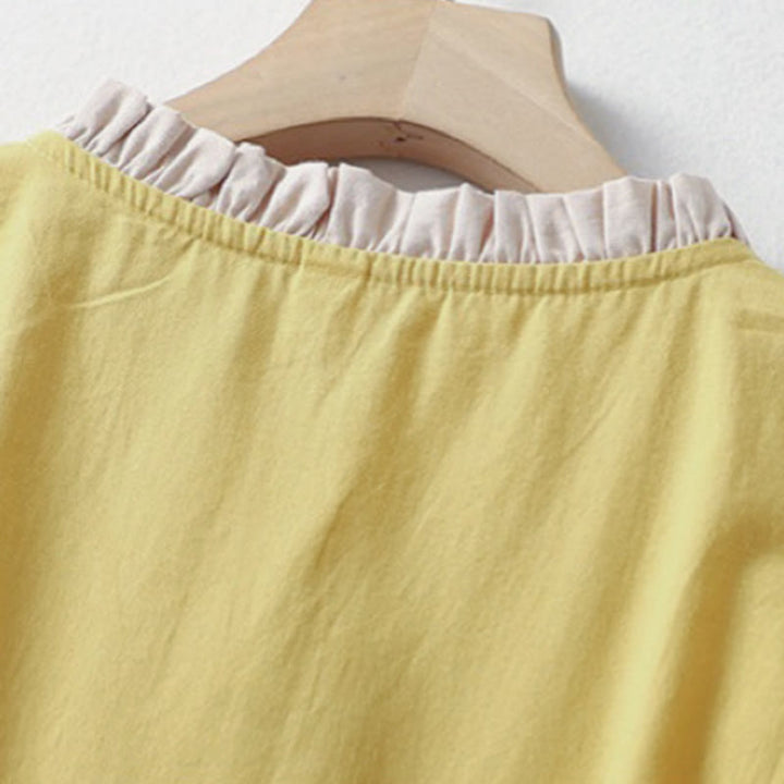 Camisa de lino y algodón de media manga con diseño de cuello con volantes y botones de rana para mujer con Buddha Stones