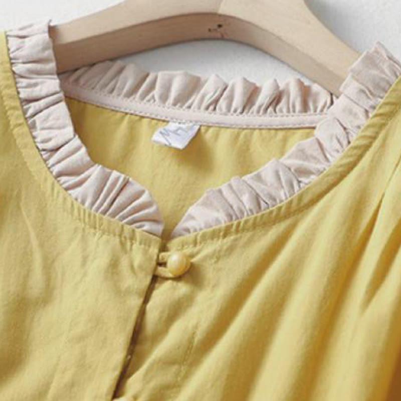 Camisa de lino y algodón de media manga con diseño de cuello con volantes y botones de rana para mujer con Buddha Stones