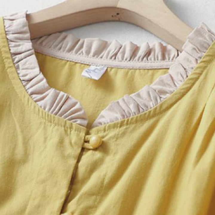 Camisa de lino y algodón de media manga con diseño de cuello con volantes y botones de rana para mujer con Buddha Stones