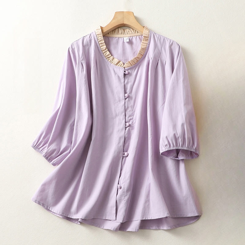 Camisa de lino y algodón de media manga con diseño de cuello con volantes y botones de rana para mujer con Buddha Stones