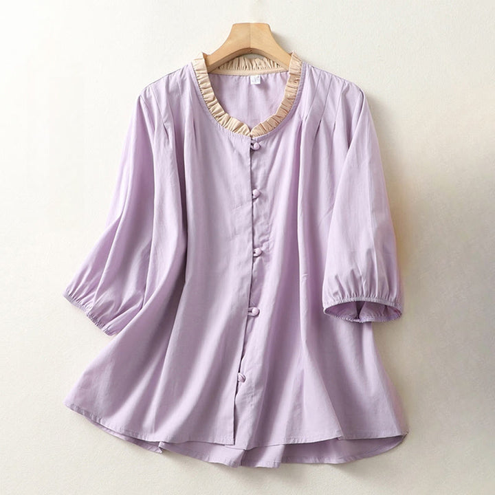 Camisa de lino y algodón de media manga con diseño de cuello con volantes y botones de rana para mujer con Buddha Stones