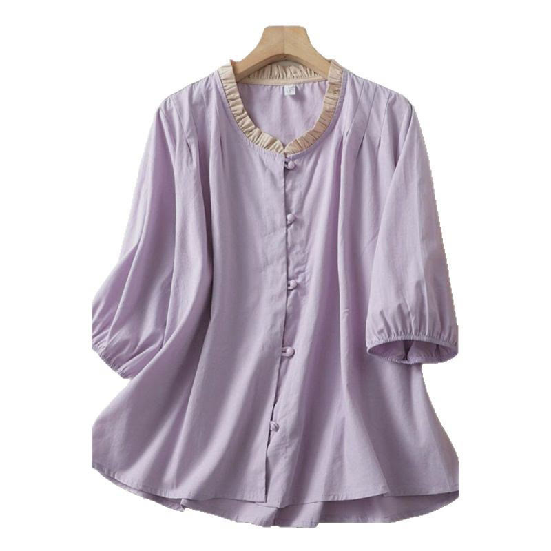 Camisa de lino y algodón de media manga con diseño de cuello con volantes y botones de rana para mujer con Buddha Stones