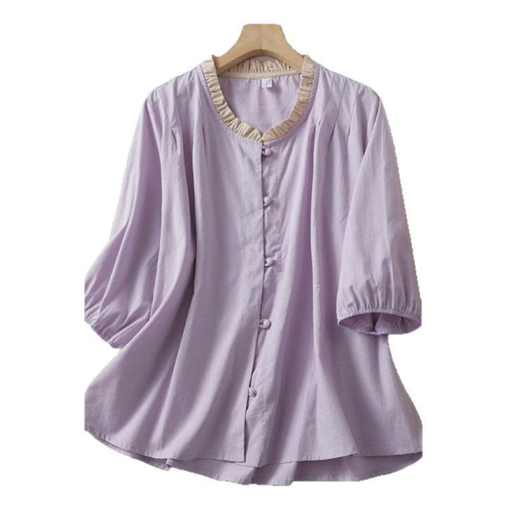 Camisa de lino y algodón de media manga con diseño de cuello con volantes y botones de rana para mujer con Buddha Stones